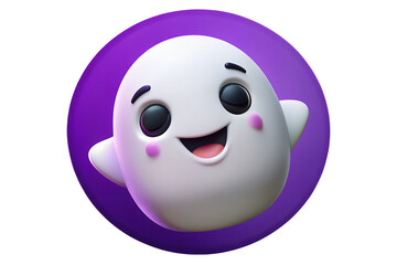 Fototapeta premium A cheerful cartoon ghost with rosy cheeks against a vibrant purple circular background design element on transparent background