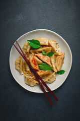 japanese fried dumplings, gyoza, sesame seeds, top view, no people,