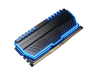 High performance computer ram module with blue led lighting, isolated on transparent background