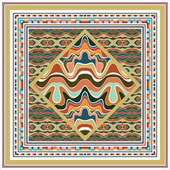 A colorful wavy print pattern, abstract square shape scarf design featuring in a diamond shape, framed by intricate borders in earthy tones and vibrant accents.