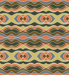 A repeating pattern of wavy lines and abstract shapes in earthy tones of orange, green, gray, and beige, creating a rhythmic design.