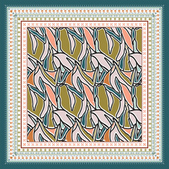 A vibrant abstract flower leaf shape scarf print pattern design in earthy tones, framed by intricate borders in contrasting colors.