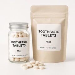 Fake Product Image of Toothpaste Tablet Bag and Bottle with Label on Blank Empty White No Background