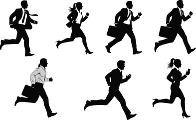 Business people silhouette set running and rushing with briefcases, representing busy corporate life, deadlines, and urgency in professional careers