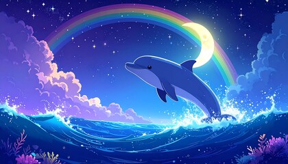 Cute dolphin leaps in a magical night scene