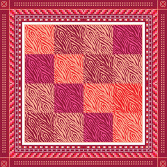 Colorful patchwork square scarf design featuring zebra stripes in shades of pink and red, bordered by intricate multicolor patterns.