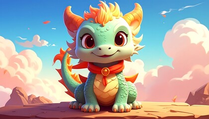 Cute dragon character, sitting, cheerful expression