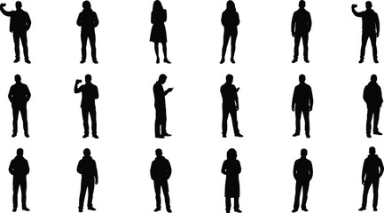 Collection of diverse men and women silhouettes in various poses and with technology, representing modern social and professional interactions for design