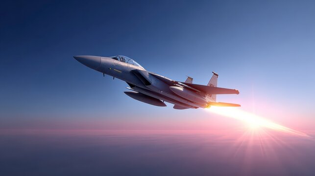  Soaring Eagle: A sleek fighter jet streaks across the vibrant sky, leaving a trail of fire and determination, a testament to speed and technological prowess.