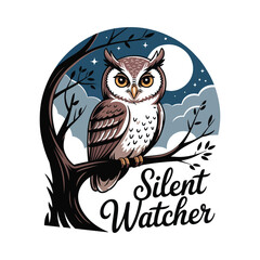 A Wise Owl Perched on a Branch Under a Moonlit Sky The Silent Watcher in a Forest