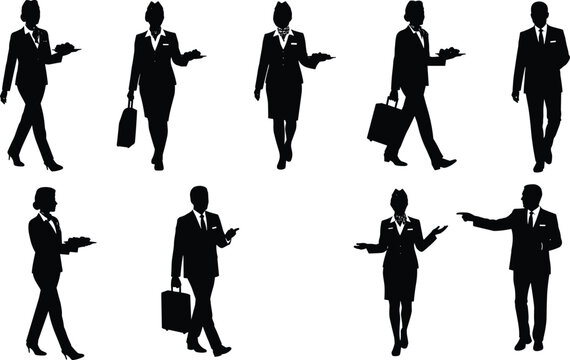 Collection of flight attendants and pilots in various poses, including walking and holding trays, a versatile silhouette set for aviation and hospitality themes
