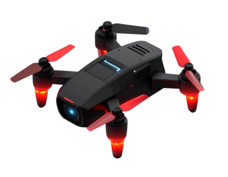 3D Isometric Black Drone with Camera and Red Landing Arms, Transparent PNG