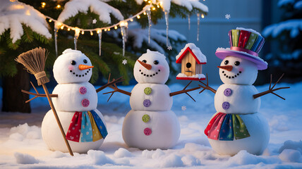 Three snowmen with festive hats scarves and a birdhouse in snowy forest snowman winter