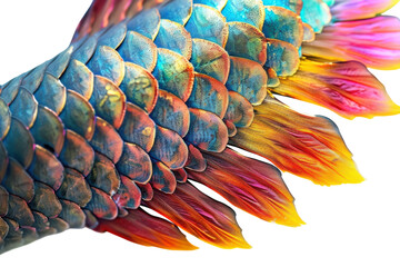 A vibrant close-up of a dragon-like tail showcasing iridescent scales and fiery hues in a creative artistic interpretation isolated on transparent background