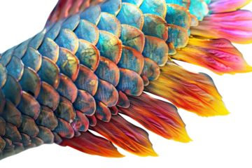 A vibrant close-up of a dragon-like tail showcasing iridescent scales and fiery hues in a creative artistic interpretation isolated on transparent background