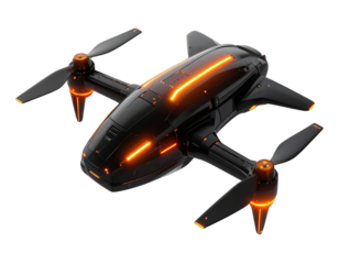 3D Isometric Black Drone with Glowing Orange LED Strips, Transparent PNG