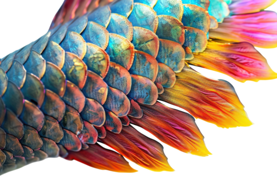A vibrant close-up of a dragon-like tail showcasing iridescent scales and fiery hues in a creative artistic interpretation isolated on transparent background
