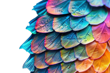 Colorful leaf-patterned scales blend vibrant shades of blue, green, orange, and pink, showcasing an artistic transformation isolated on transparent background