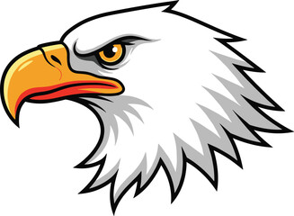 Cartoon bald eagle head vector, fierce expression, yellow beak, patriotic symbol, white feathers, black outline, wildlife, freedom, strength