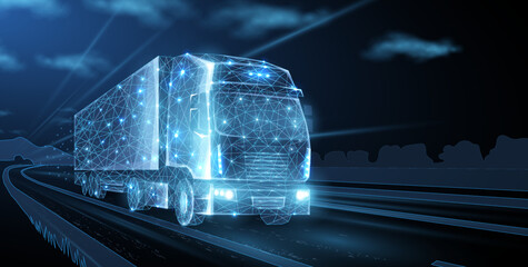 Truck. Abstract vector 3d heavy lorry van. Highway road. Isolated on blue. © Oleh
