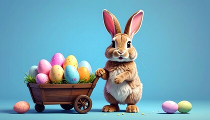 Cute Easter bunny pushing a cart of colorful eggs