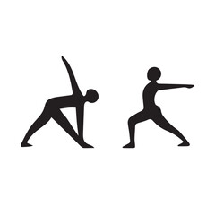 Silhouette figures practicing yoga poses warrior two and triangle pose representing health fitness and wellness concepts silhouette