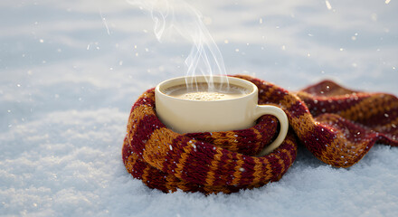 Colorful scarf wrapped around a coffee cup placed on the snow.