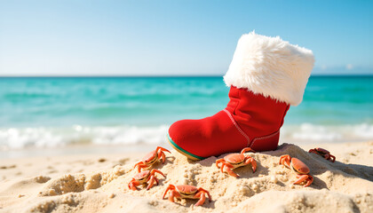 Red Santa boot on sandy beach with crabs and ocean in background, Christmas at sea
