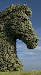 A stylized, three-dimensional horse sculpture, composed of numerous small, interconnected cubes, stands against a clear blue sky with wispy clouds.