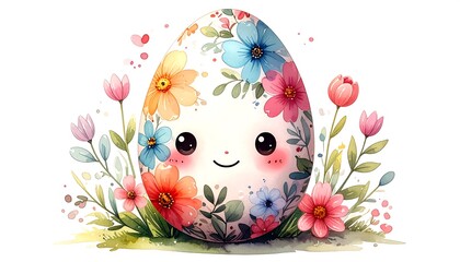 Cute Easter egg surrounded by flowers