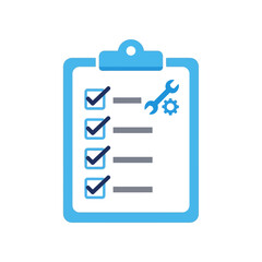 A blue clipboard with a checklist, showing completed tasks and a wrench and gear icon for settings or maintenance.