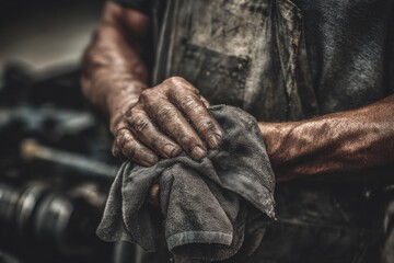 A skilled worker wipes dirty hands with a cloth after fixing machinery in a workshop during the afternoon. The atmosphere is focused and industrious