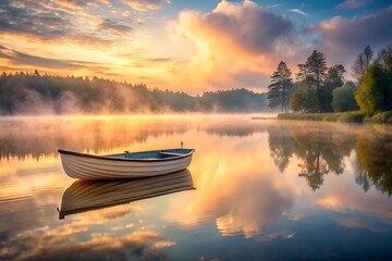 Obraz premium Rowboat on a calm lake during a foggy sunrise with golden light