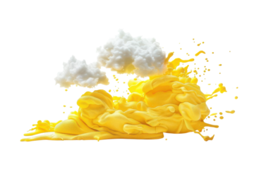A vibrant swirl of yellow foam combines with fluffy clouds, evoking a playful atmosphere in a creative and artistic display isolated on transparent background