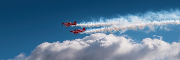 Two red aerobatic planes performing stunts in blue sky with clouds