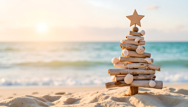 Decorative Christmas tree made of driftwood on sandy beach at sunset, Christmas at sea   - Powered by Adobe