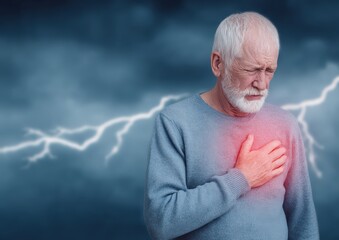 Elderly Man Experiencing Chest Pain During Stormy Weather with Lightning Strikes in Background