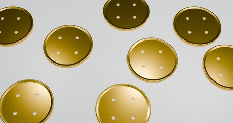 Golden buttons placed in a set with white background top view