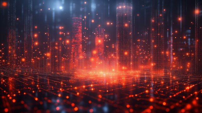 Glowing red neural network over a digital cityscape, visualizing data flow and AI logic.