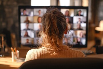 A person with long hair sits in front of a computer screen participating in a virtual meeting. Multiple people are visible on the screen, suggesting a group discussion