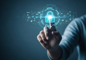 A person interacting with a digital security interface, symbolizing cybersecurity and data protection.
