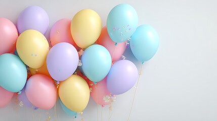 Happy Easter assorted pastel balloons floating above a plain white surface