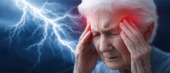 Elderly Woman Experiencing Head Pain with Lightning Effects Depicting Graphic Vividness of Discomfort