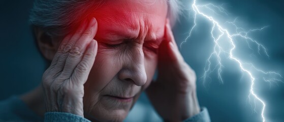 Visual representation of intense pain and discomfort experienced by an elderly person due to migraine
