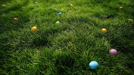 A bright green lawn with hidden Easter eggs in various shapes and sizes