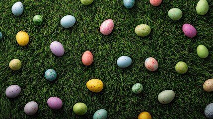 A bright green lawn with hidden Easter eggs in various shapes and sizes