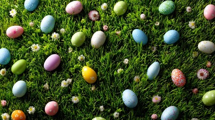 A bright green lawn with hidden Easter eggs in various shapes and sizes