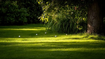 A bright green lawn with hidden Easter eggs shining under sunlight