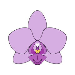 A simple, stylized vector illustration of a single purple orchid flower, isolated on a clean white background.