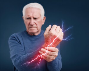 Graphic Depiction of Pain Points in Elderly Man's Wrist with Dramatic Lightning Effects for Medical Illustrations